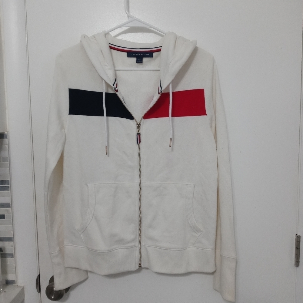 Tommy Hilfiger full Zip Hooded fleece Jacket with Large logo colors at chest